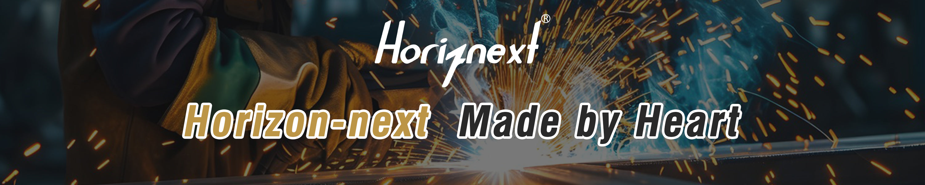 Horizon-next logo with welding equipment and sparks in the background